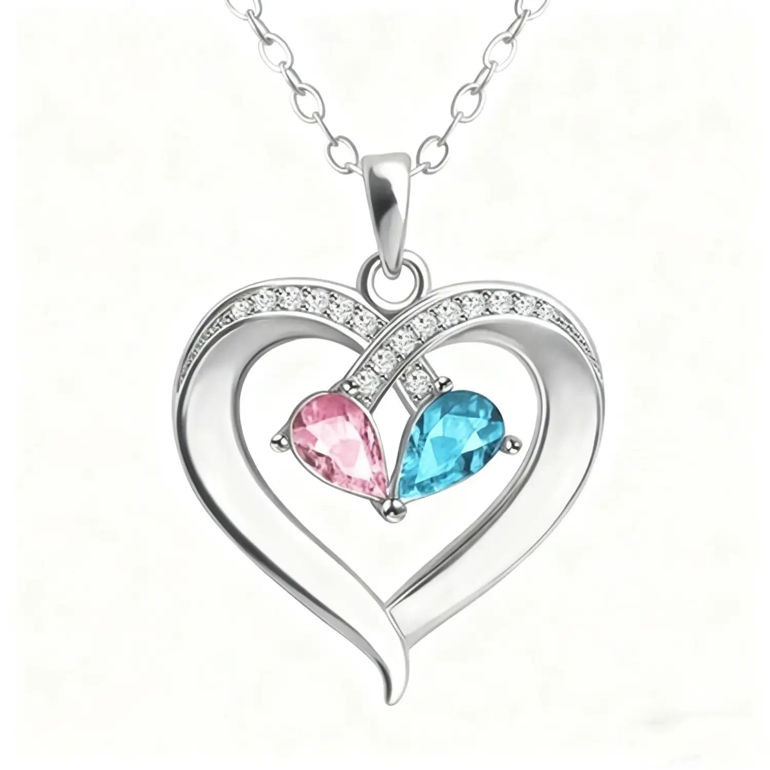 Collier pendentif en forme de cœur en pierre de naissance en argent pour votre épouse, avec des pierres précieuses roses et bleues taillées en forme de goutte d’eau, intégrées dans un double motif de cœur, orné de petits cristaux transparents.