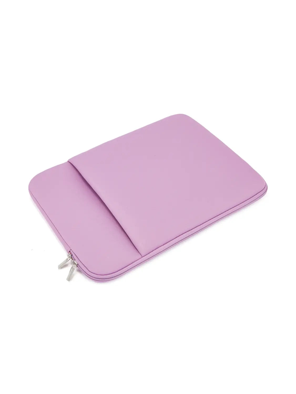 Eine weiche fliederfarbene multifunktionale Neopren-Laptoptasche mit glatter, gepolsterter Außenseite und silbernen Reißverschluss-Akzenten für Laptops von 11 bis 17 Zoll.