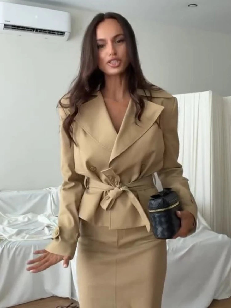 Women Short Trench Co‑ord Outfit Notched Collar Waist Tie Jacket High Waist Midi Skirt Set Trendy Daily Going Out Ofdice Outfit
