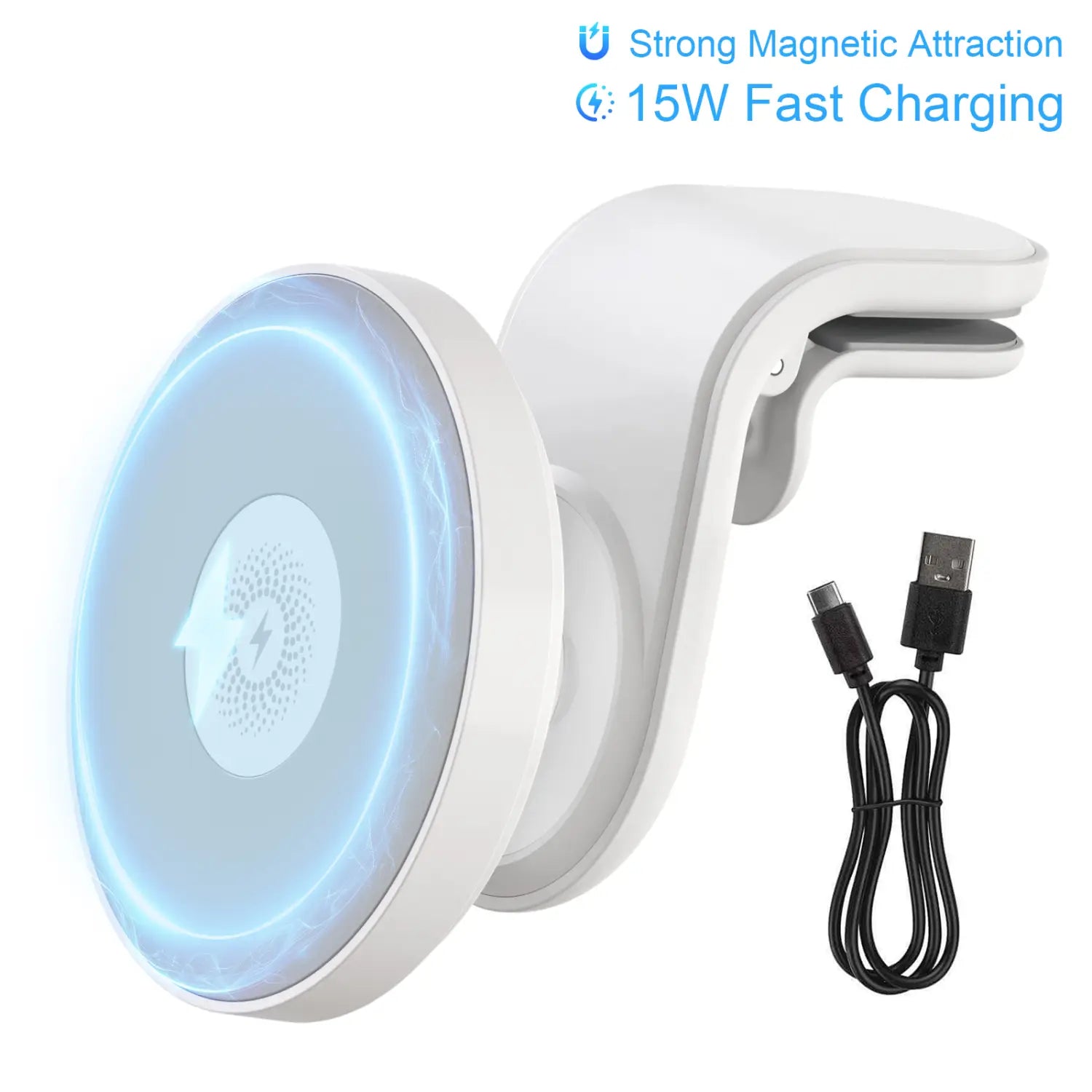 white magnetic car mount with glowing blue circular charging pad and usb-c cable wireless chargers for fast charging car wireless use