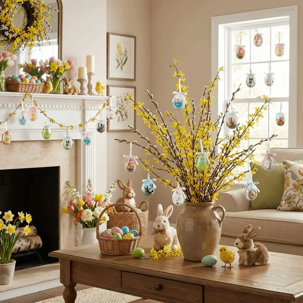 Eine rustikale, beigefarbene Keramikvase mit Henkel, gefüllt mit gelben Forsythienzweigen und verziert mit hängenden bemalten Formschaum-Ostereier-Anhängern.