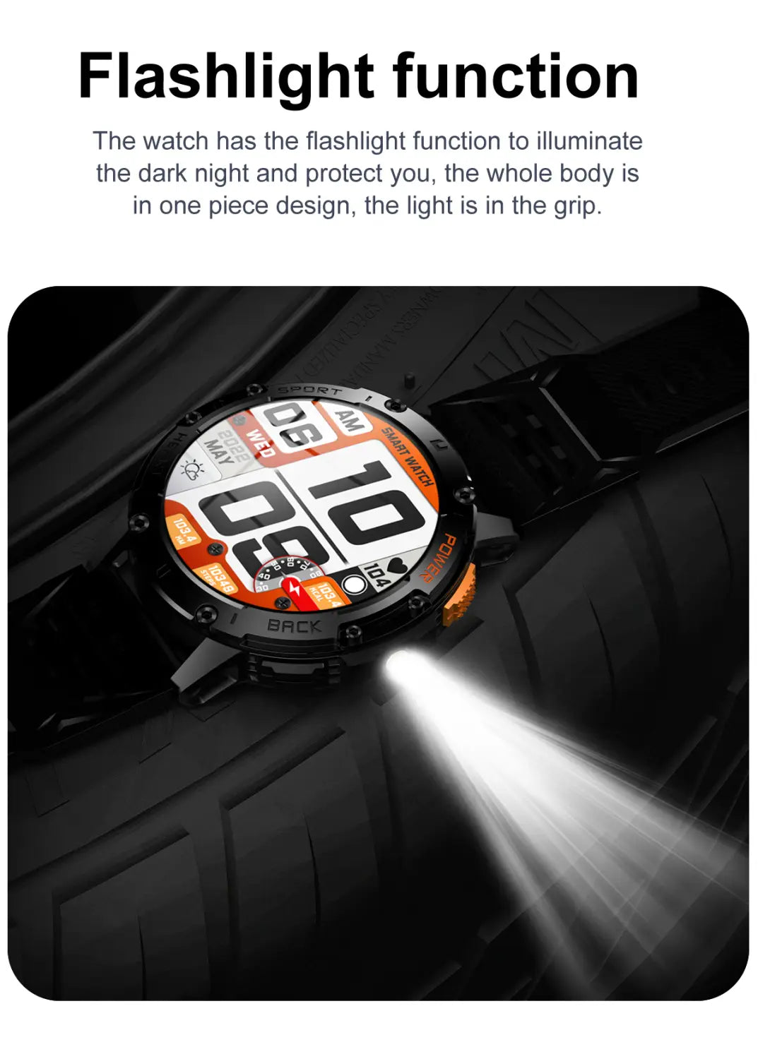 Amoled smart watch with heart rate detection in black material featuring orange accents and a built-in flashlight in the grip.