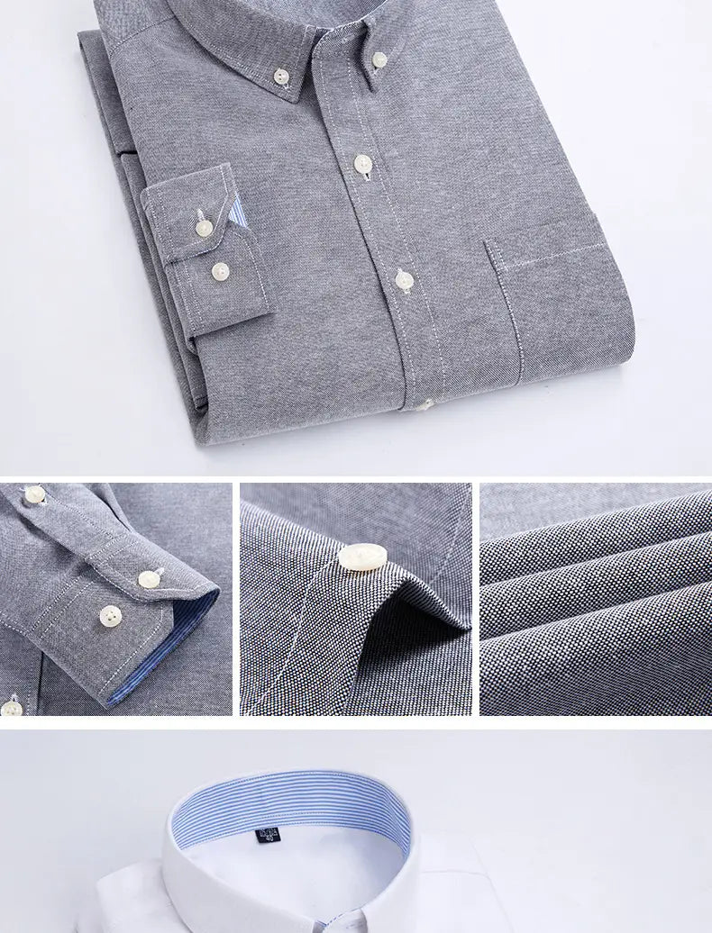 Mens light blue Oxford shirt casual long sleeve with a neatly folded gray button-down front featuring a subtle textured weave white buttons and contrasting blue striped inner collar lining.