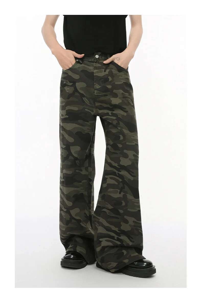 Iefb camouflage wide leg denim jeans featuring dark green and black wide-leg denim pants with a durable material.