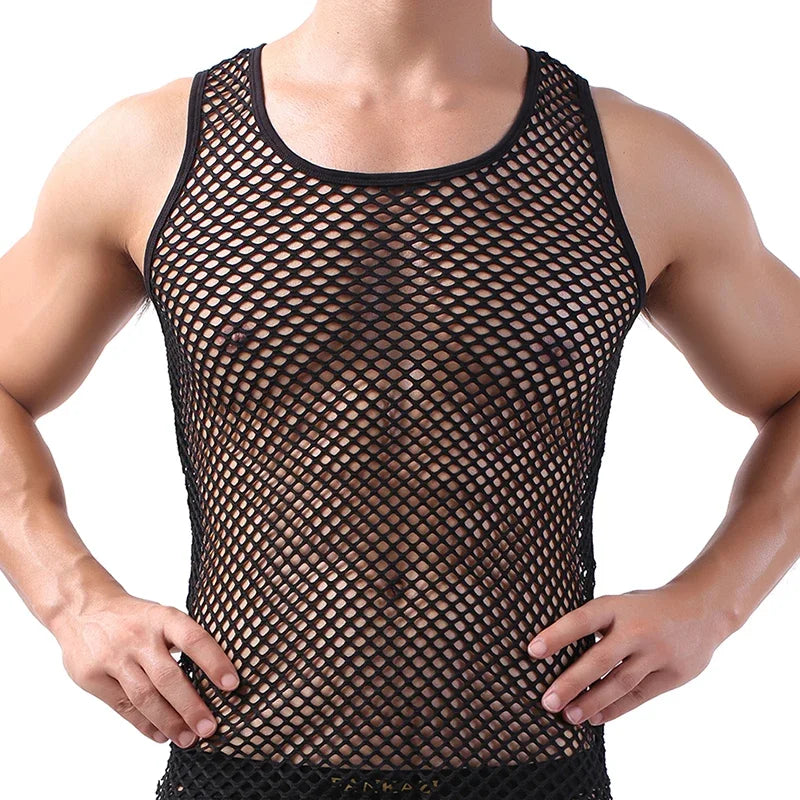 Fashion Tank Tops For Men Hollow Out Undershirt Mesh Breathable Sleeveless Vest