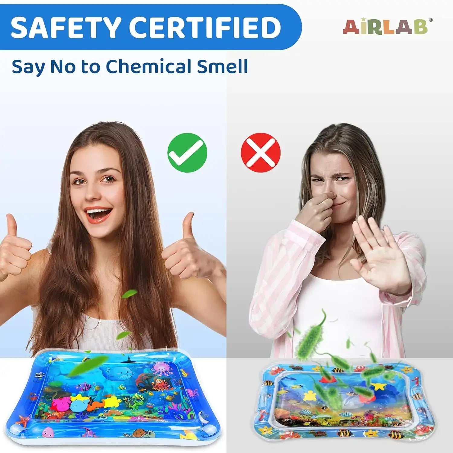 blue inflatable water mat featuring colorful fish and sea creature designs for sensory pet play in an ocean theme inflatable water mat.