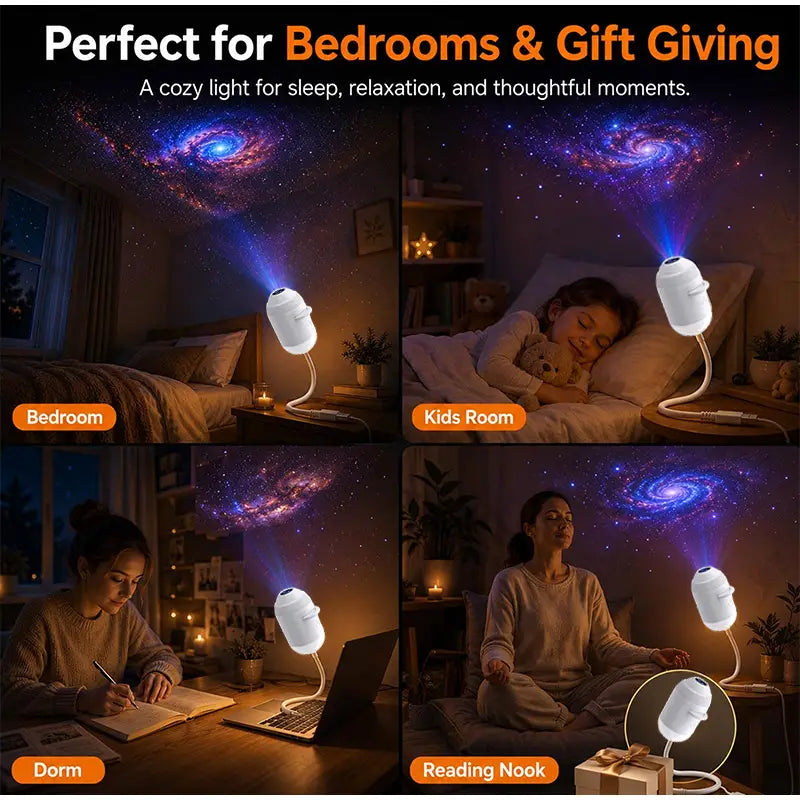 white plastic starry sky night light atmosphere lamp with flexible neck and base projecting galaxy patterns onto ceilings