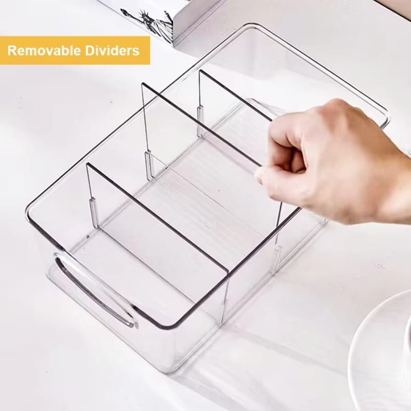 Clear plastic food storage bin with black trim handle and dividers for pantry organization and food container storage bins.