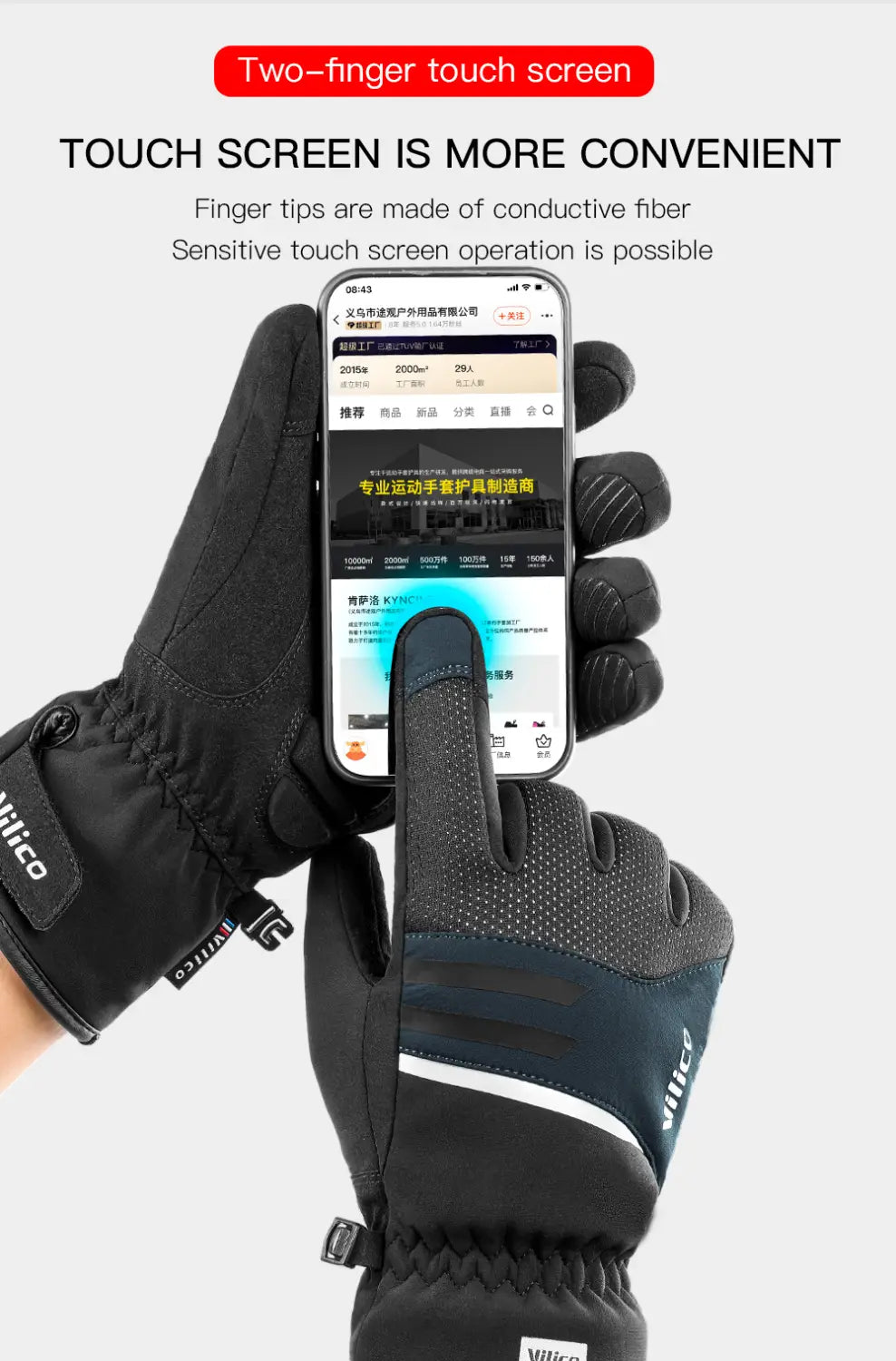 Guantes de ciclismo de invierno impermeables para hombre en negro y azul marino, con yemas de fibras conductoras y un acento con franja blanca en la muñeca, mostrados desde el reverso.