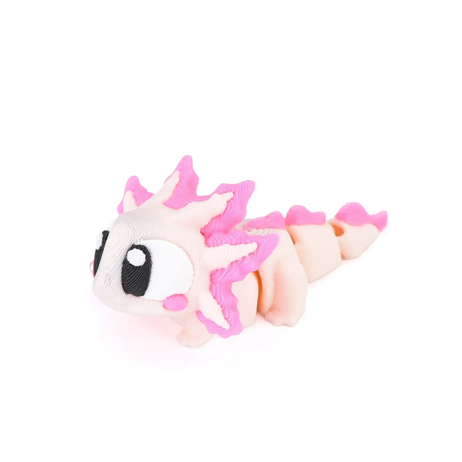 Un jouet axolotl en peluche souple, rose pâle, avec des branchies et nageoires magenta vibrantes, faisant partie d’une collection de produits finis de jouets de figurines d’animaux imprimées en 3D