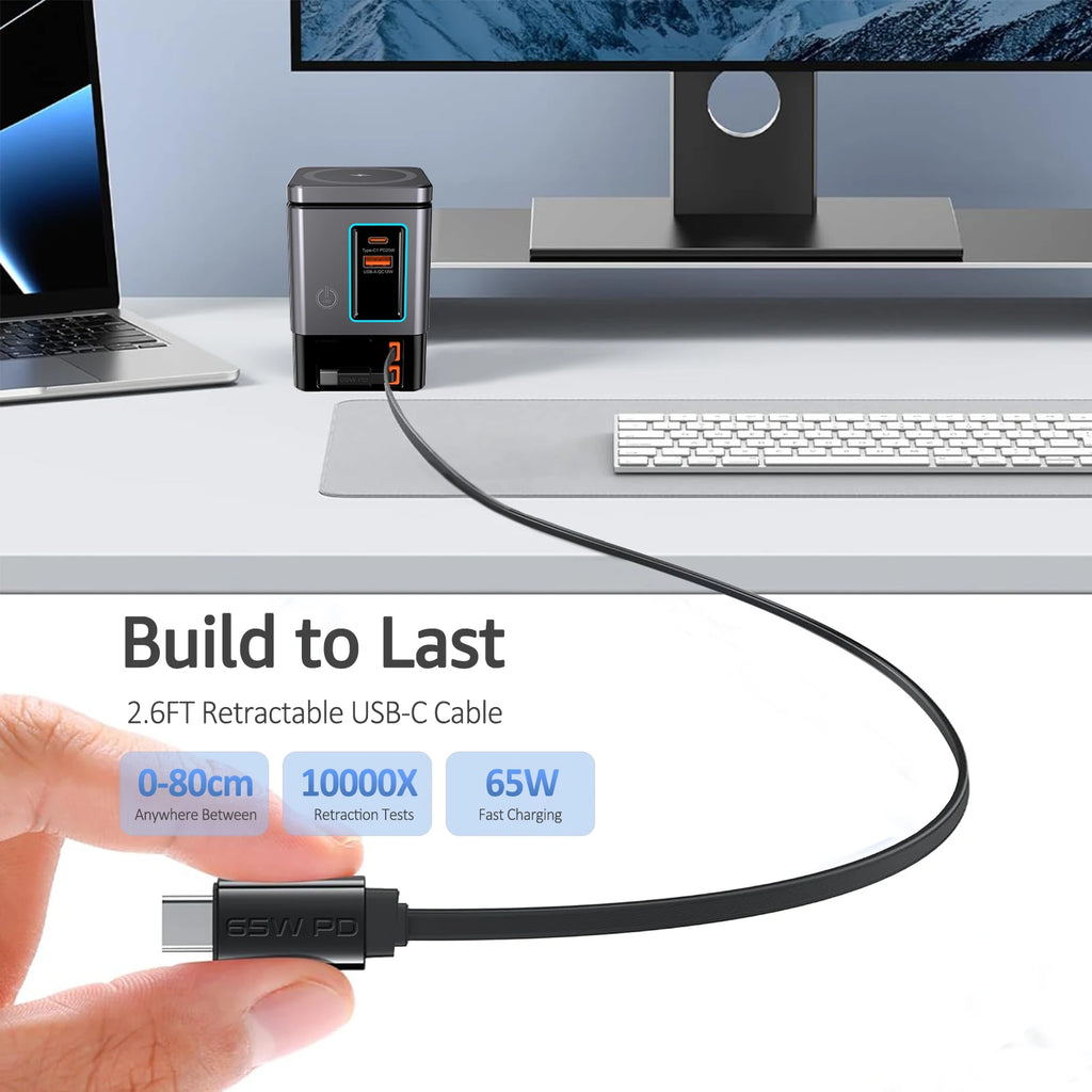 6-in-1 Charging Station with Retractable USB-C Cable Power Combo Tower 105W for Multiple Devices Fast Charger for iPhone Airpod