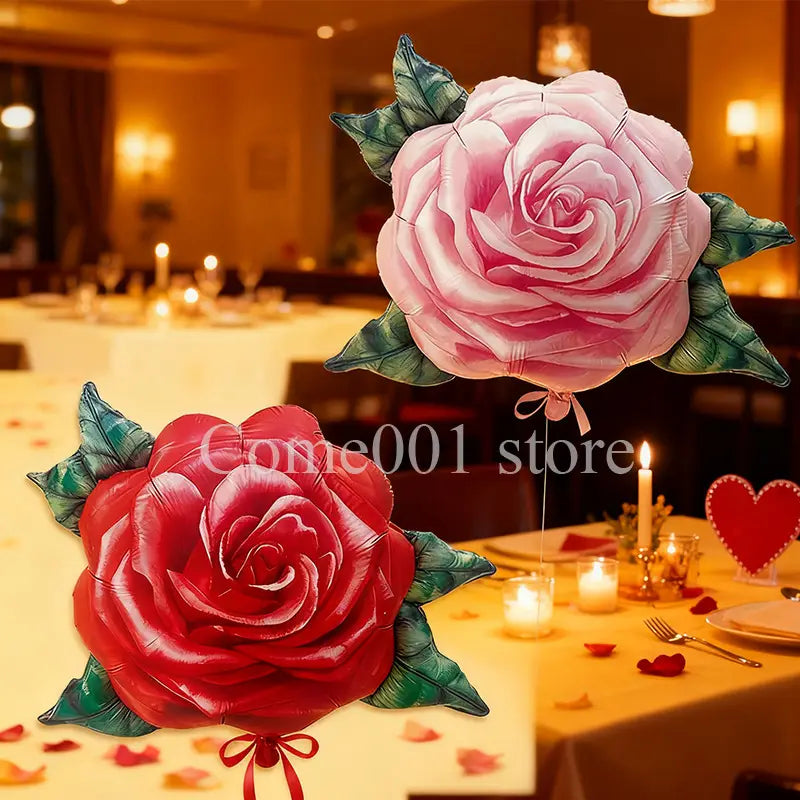 Rose foil balloons shaped like pink and red roses with green leaves and matching ribbons designed for party decorations.