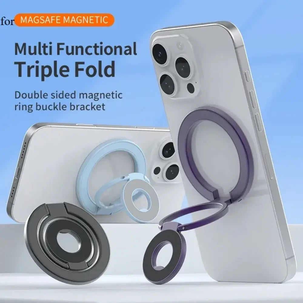 Silver triple-fold magnetic phone stand ring holder viewed from front for magsafe iPhone 18 17 16 15 Pro Max