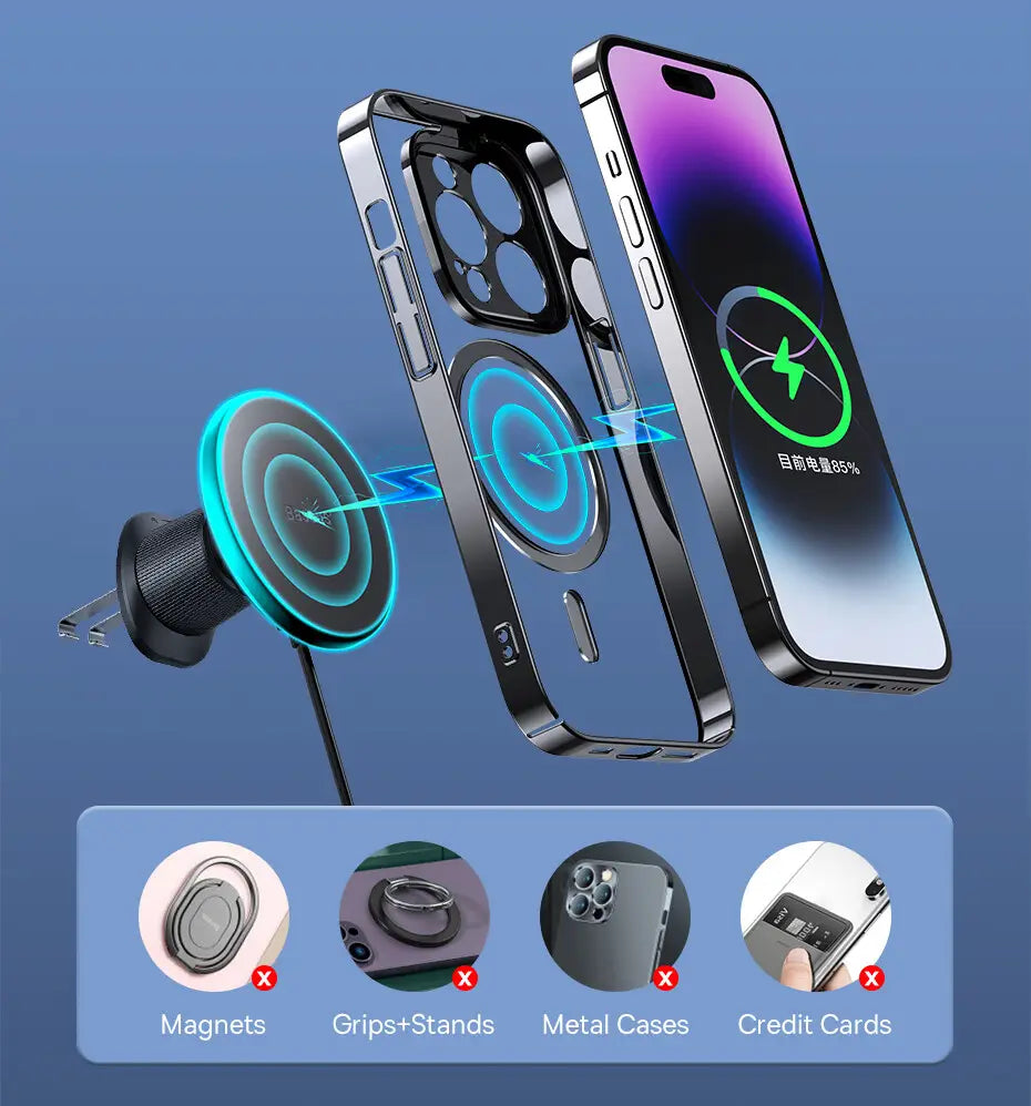 Funda para teléfono de carga inalámbrica magnética negra con un diseño minimalista y elegante, recortes precisos para el sistema de cámaras, compatible con el cargador inalámbrico Baseus magnético de 15 W, mostrado desde el lado posterior