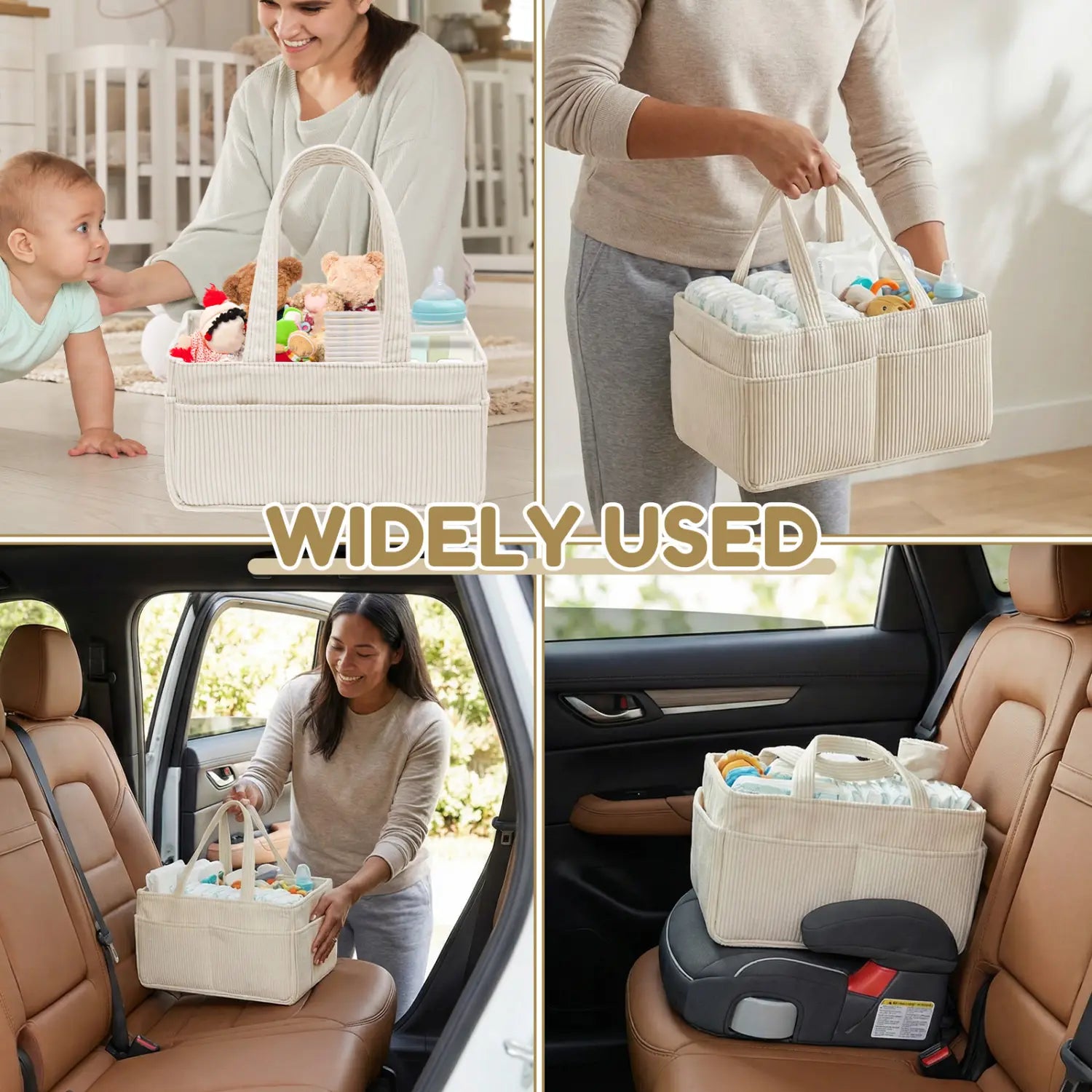 Tote-Organizer für Baby-Windel-Caddies aus beigem geripptem Cordstoff mit zwei Tragegriffen und mehreren Fächern für Baby-Utensilien.