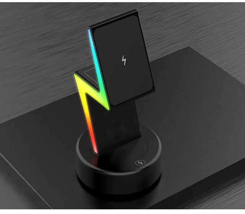 Black wireless charging 3 in 1 rgb stand magnetic with vibrant rainbow led lightning bolt design showcasing wireless charging output power.