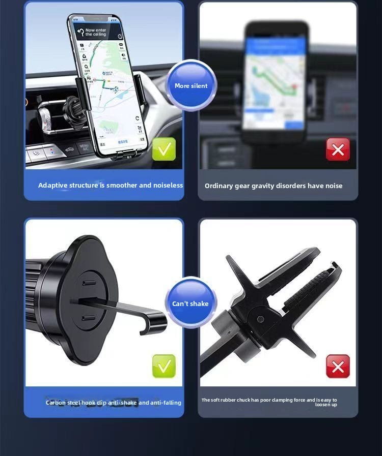 Black carbon steel gravity car phone holder air vent mount featuring a hook and clamp design for secure silent holding.