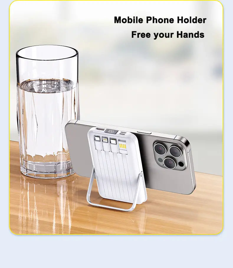 White portable power bank with built-in stand and multiple USB ports designed as a wireless charger to hold a smartphone securely while fast charging with 20000mAh capacity power bank feature.