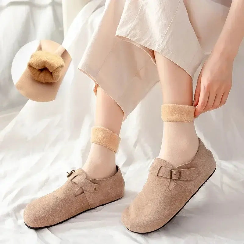 beige suede mary jane flats with buckle detail and soft fuzzy lining suitable for winter thermal socks cashmere wool use