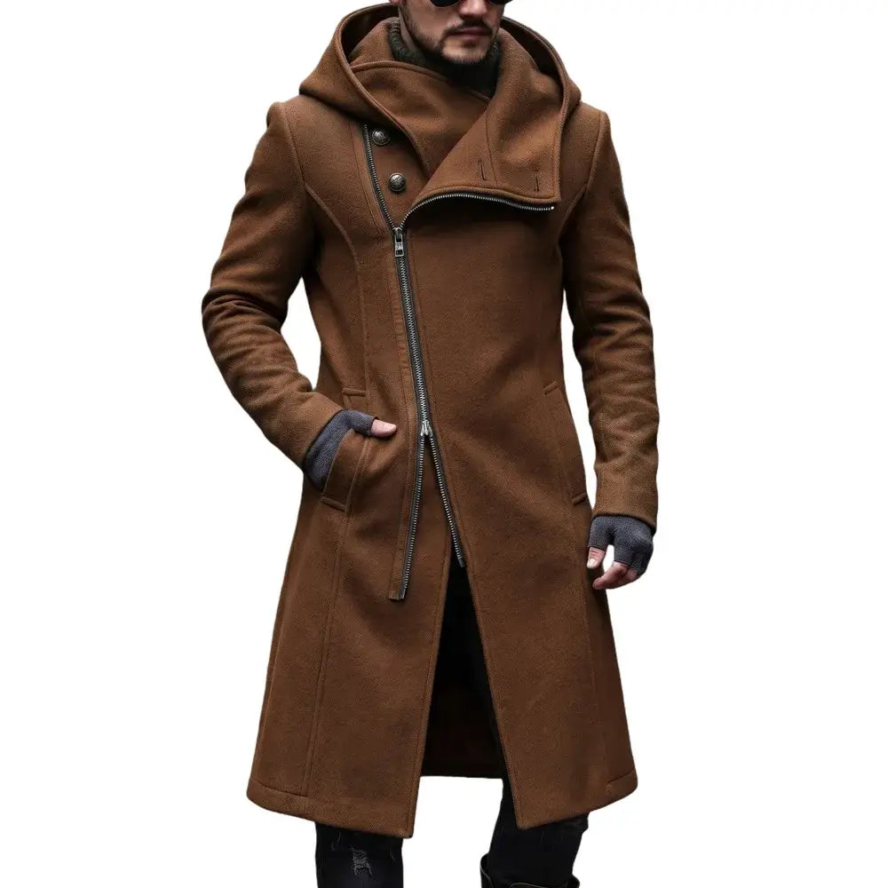 Abrigo tipo gabardina con capucha de lana marrón para hombre, con cremallera diagonal y cierre con botones, diseñado para el estilo de moda urbana y2k