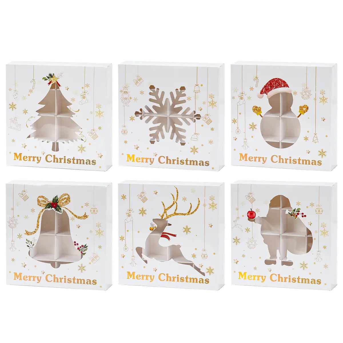 white christmas-themed gift box with gold foil accents and intricate cut-out designs of a tree, snowflake, snowman, bell, reindeer, and santa ideal for cookie packaging.
