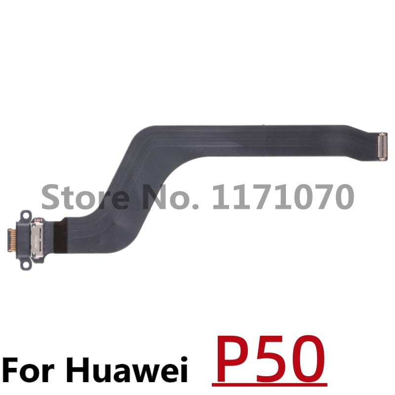 Black flexible ribbon cable with metallic connectors designed for Huawei p50 used as a charging port flex cable replacement compatible with p10 p20 p30 models.