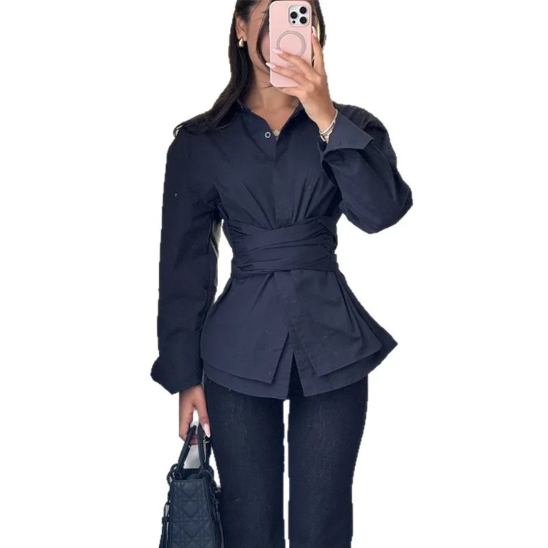 Women White Blouses Shirt Vintage Turn Down Collar Full Sleeve Tops Tight Waist Y2k Streetwear Elegant Splice Shirts 2026 Spring