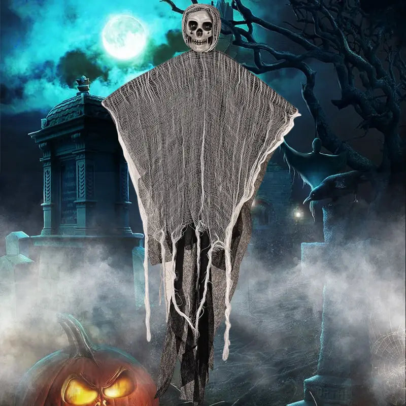a hanging ghost halloween decoration featuring a spooky grayish-white ghostly figure with a skull head and tattered fabric body designed for eerie displays in a remote area or haunted graveyard setting