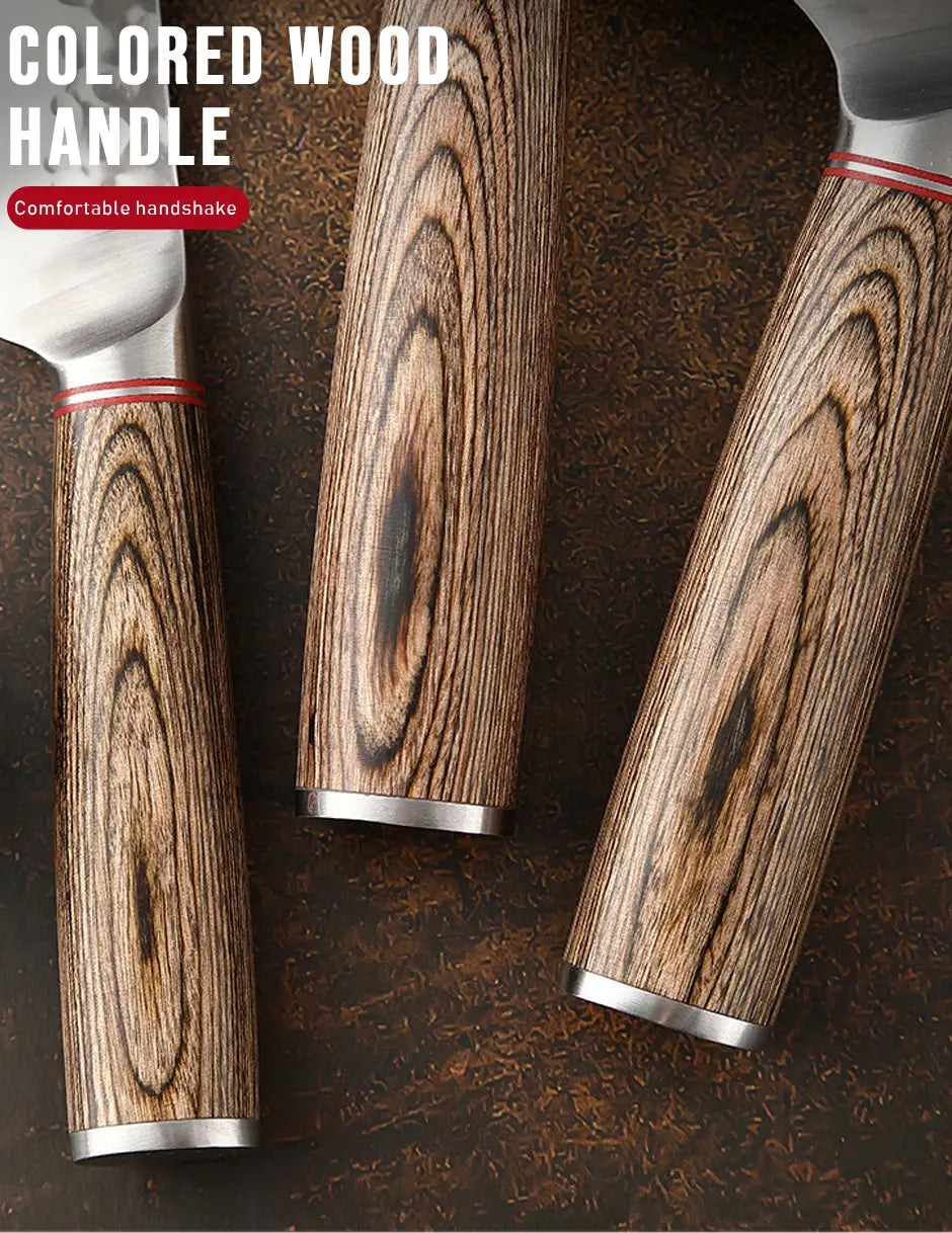 Set of forged stainless steel chef knives with dark brown wood-grain handles and silver metal ferrules.