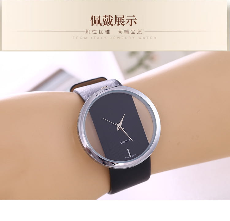 A women luxury leather quartz watch with a sleek black and silver minimalist design featuring a transparent dial revealing the inner mechanics.