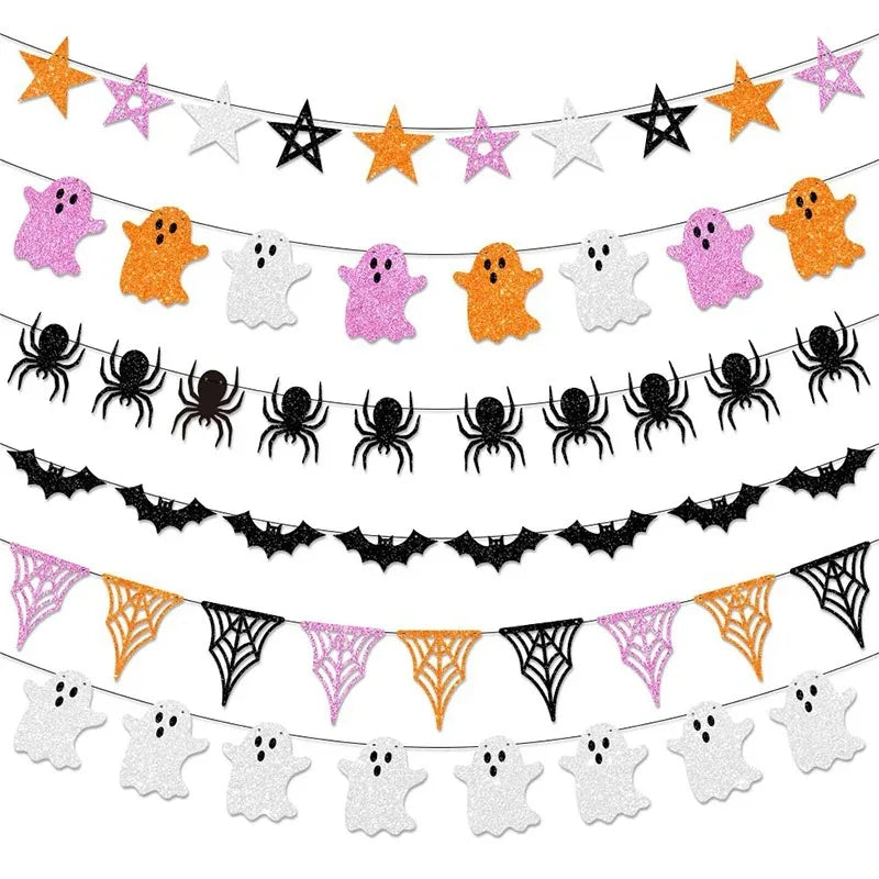 Halloween Party Decor Paper Banner Bat Spider Ghost Banner Garland Bunting For Home Halloween Party Hanging Ornaments Favor Gift