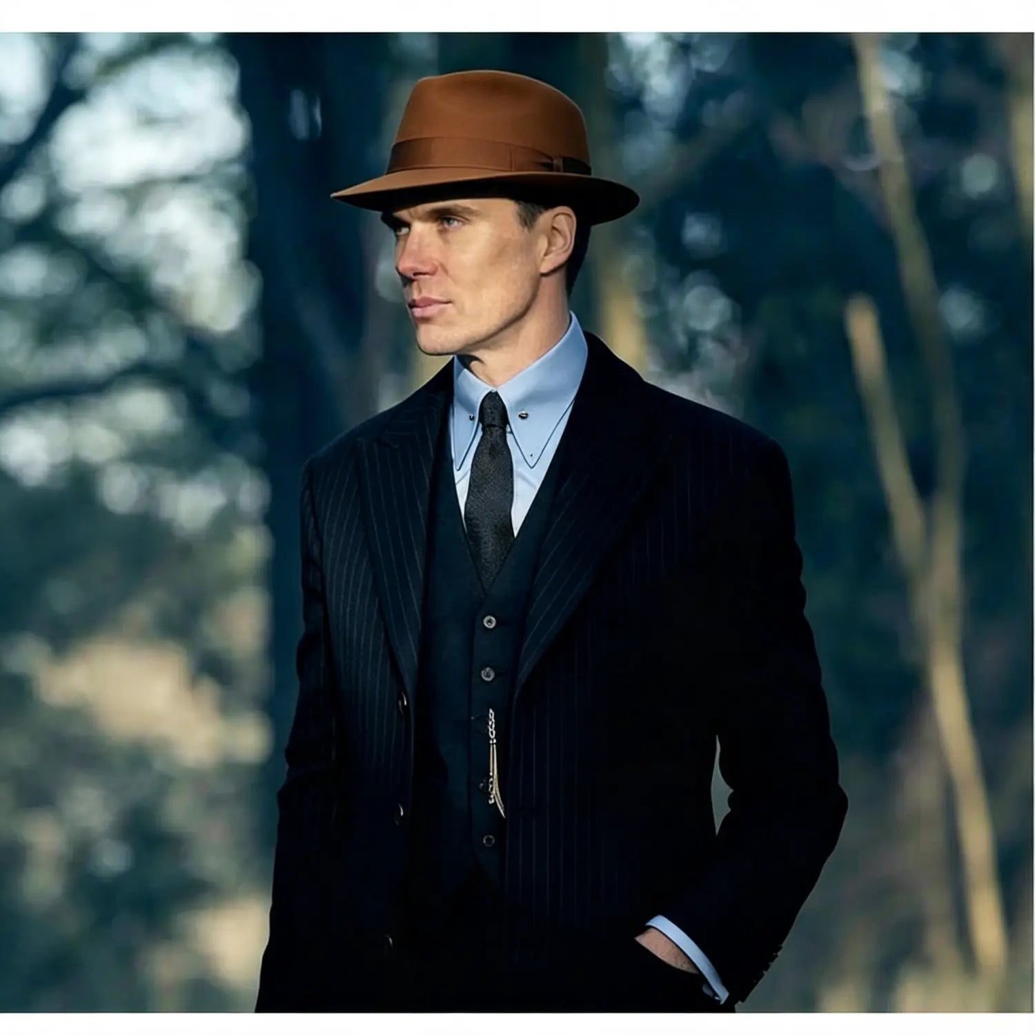 chapeau fedora brun à bande brun foncé associé à une chemise habillée classique à col français à poignets boutonnés en fibre de bambou pour homme, comprenant un détail de broche de barre de col