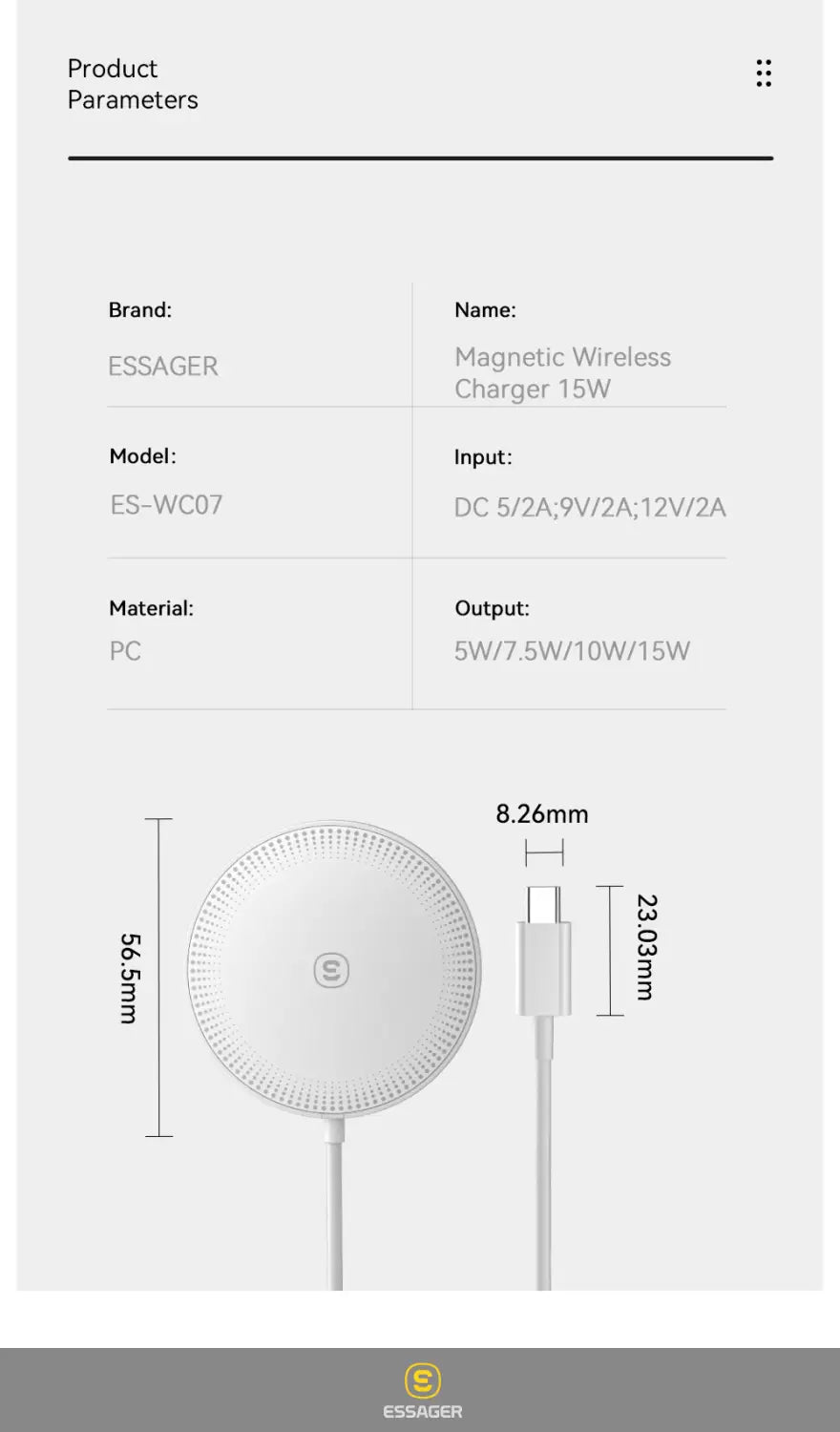 iPhone端末のワイヤレス充電用の、凹凸のある表面とUSB-Cケーブルを備えた白い円形マグネット式ワイヤレス急速充電パッド。