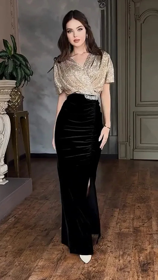Formal Dresses for Women Party Sheath Dress Split Sequins V Neck Sexy A Line Gown Female 2025 Temperament Elegant Vestidos