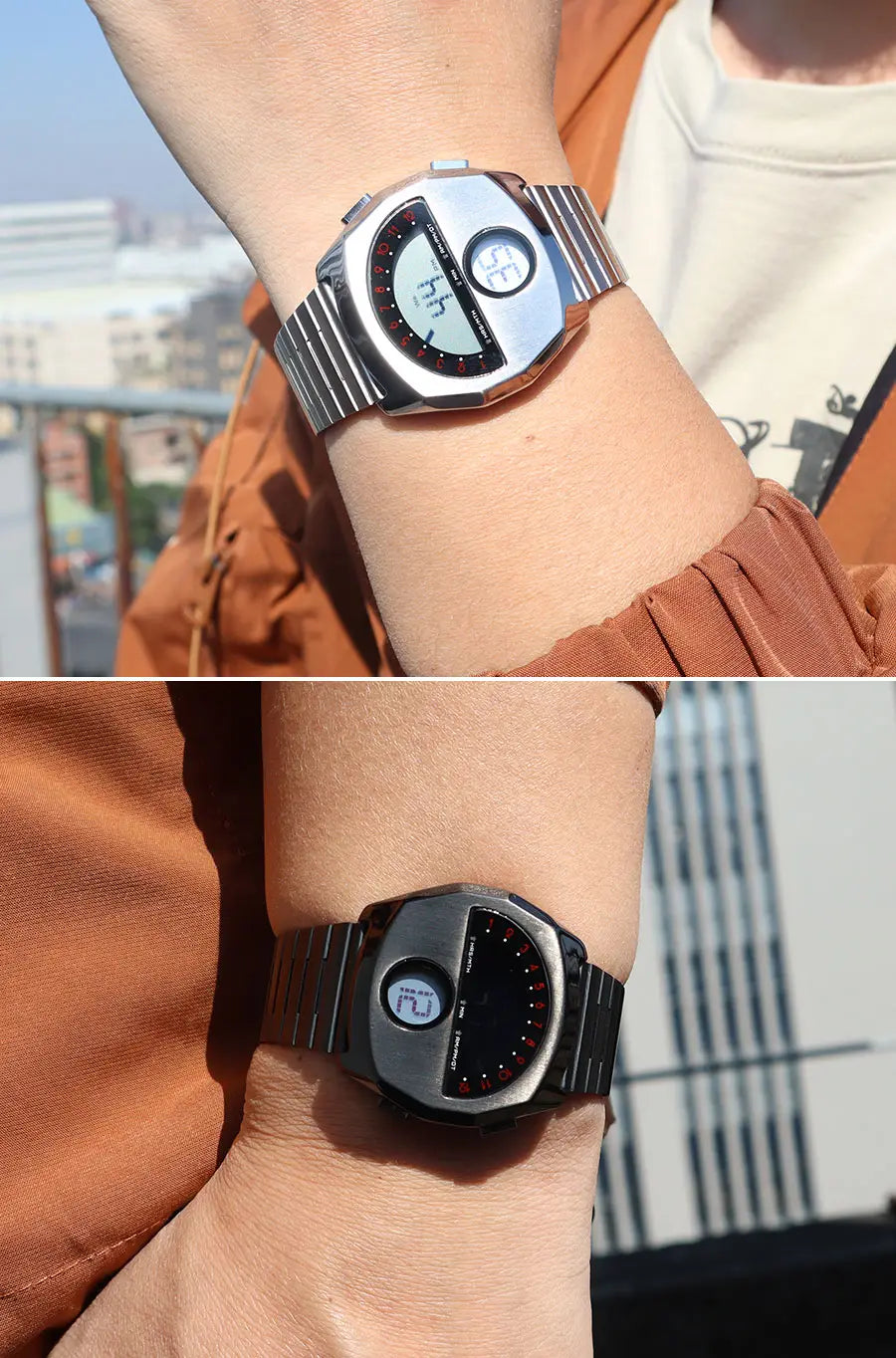 Megir men stainless steel digital watch with silver and black rectangular face, metallic band, and dual-tone display.