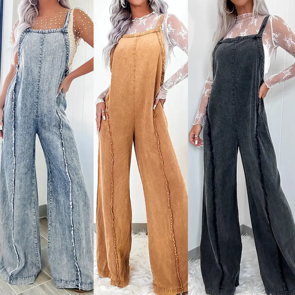 women wide leg denim jumpsuit vintage long overalls in light blue tan and dark gray with frayed side seams made of denim fabric