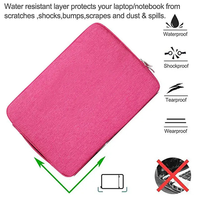Vibrant pink laptop sleeve bag with textured fabric finish and zipper closure designed for MacBook Air and Pro models.