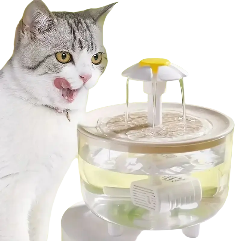 automatischer Trinkwasserspender für Haustiere mit transparentem Kunststoffgehäuse und gelb-weißem, blumenförmigem Auslaufaufsatz zur Wasserfiltration für Haustiere.