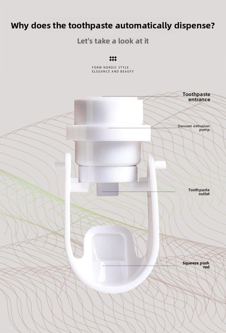 white plastic wall mounted toothpaste dispenser and holder set with a sleek modern design showing labeled vacuum extrusion pump and squeeze push rod components