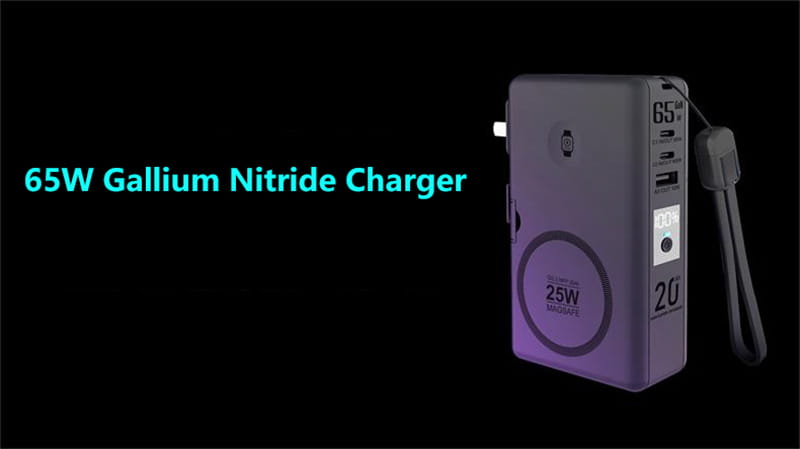 Batterie externe sans fil magnétique rectangulaire violette avec plusieurs ports USB et dragonne conçue pour une charge rapide 65 W.