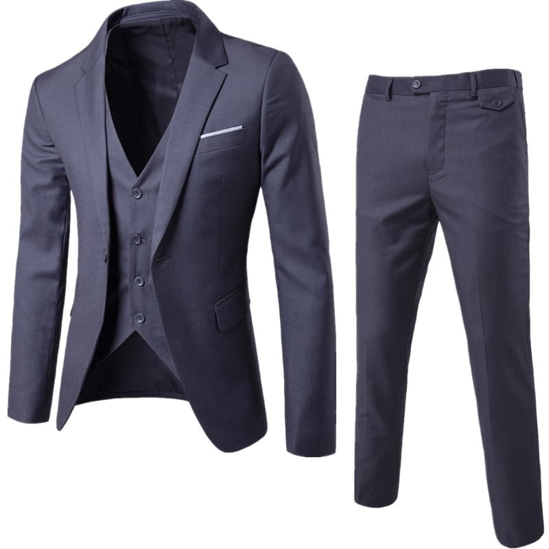 Dark gray three-piece suit with tailored blazer vest and trousers made of smooth fabric for mens slim fit two piece formal dress.
