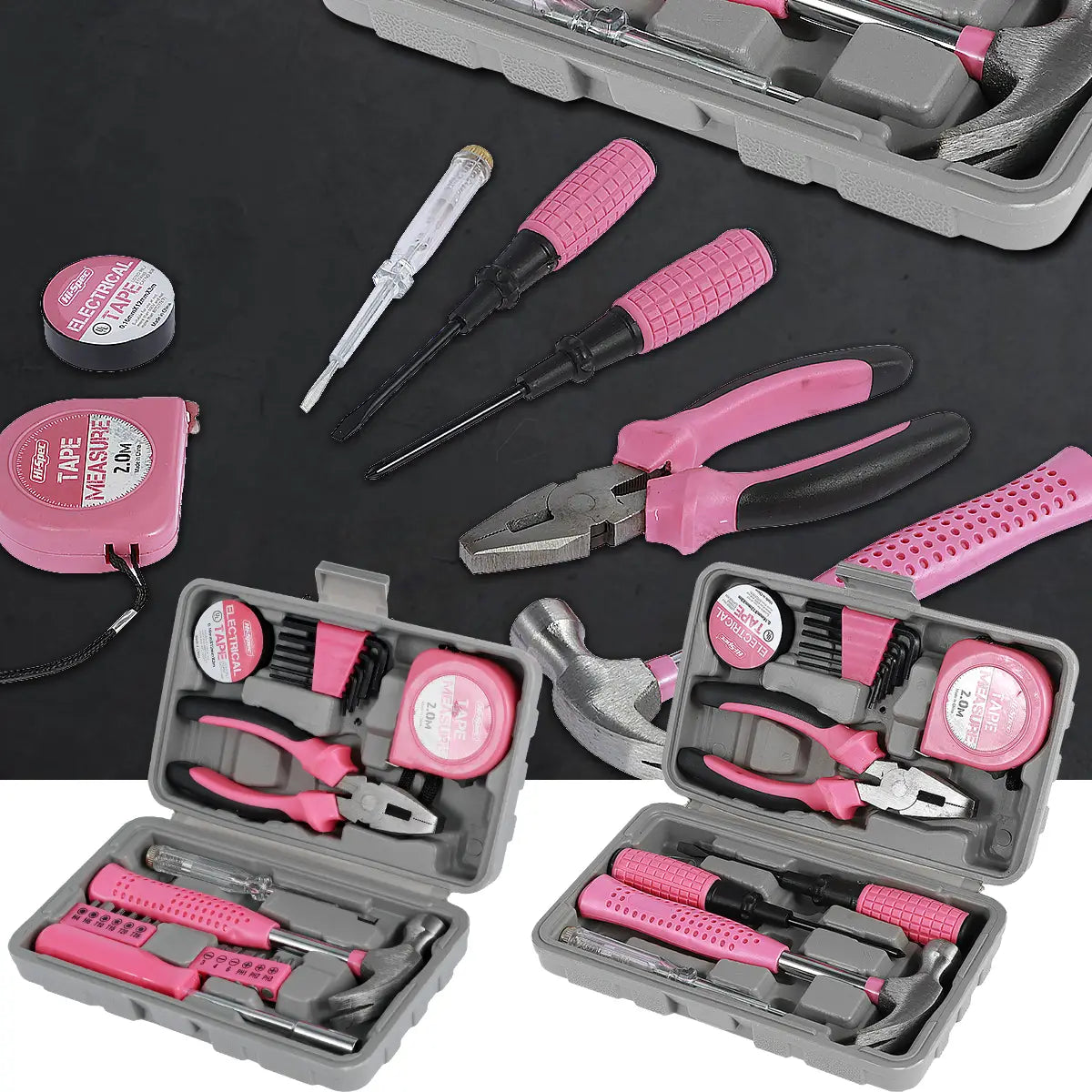 Ensemble d’outils ménagers roses comprenant des outils métalliques à poignées roses et des boîtiers de rangement en plastique gris.