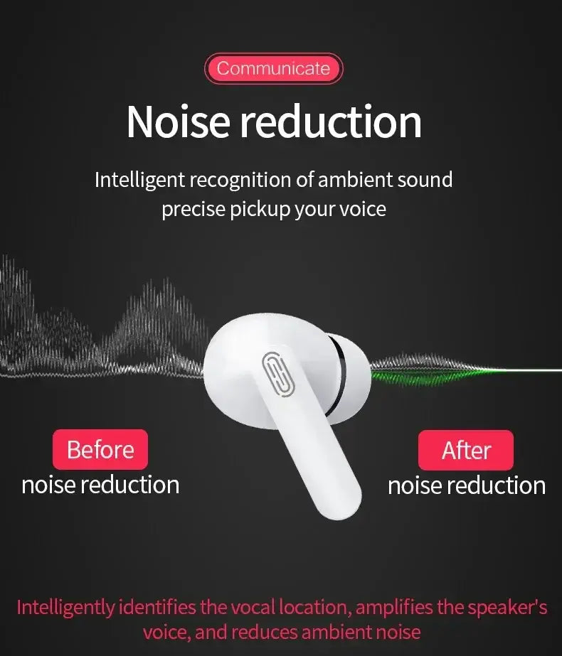 Weißer kabelloser Bluetooth-Ohrhörer mit aktiver Geräuschunterdrückung, mit schlankem ergonomischem Design und einem dezenten Logo am Stiel.