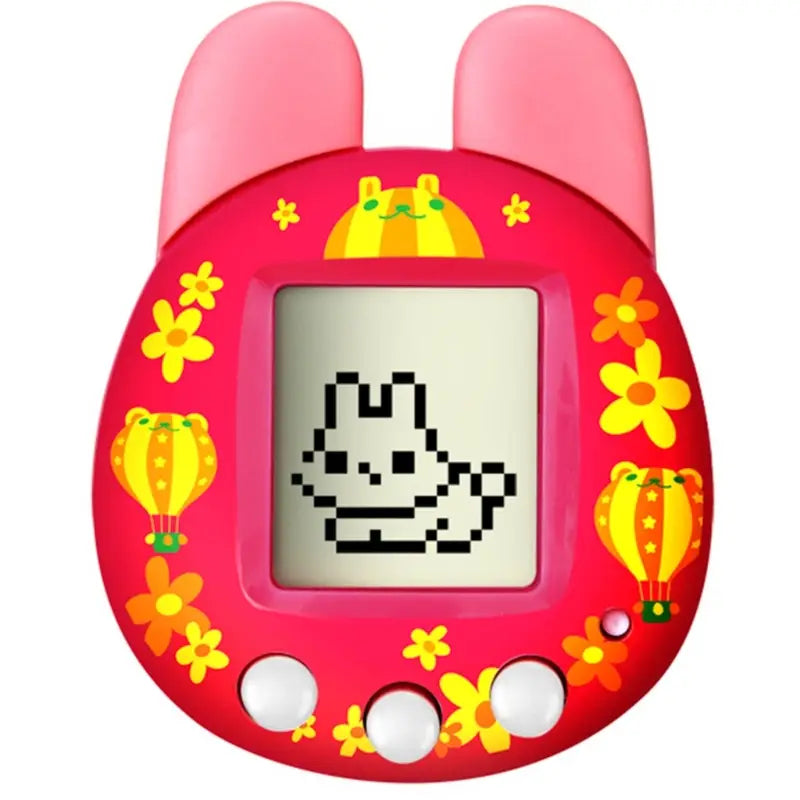 pink rabbit-shaped virtual pet handheld electronic toy with red body and yellow floral and hot air balloon decals displaying a pixelated white creature as a pet game and electronic pet.