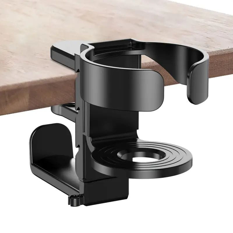Black metal desk cup holder and headphone hook with a sleek modern design and adjustable clamp for secure placement on tables.