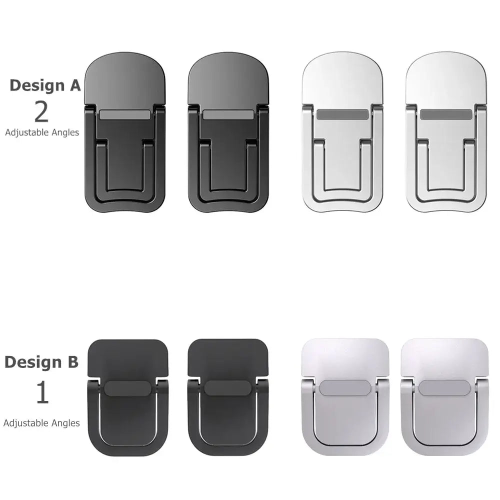 Black and silver portable foldable laptop stand holders in two adjustable-angle designs for ergonomic device support.