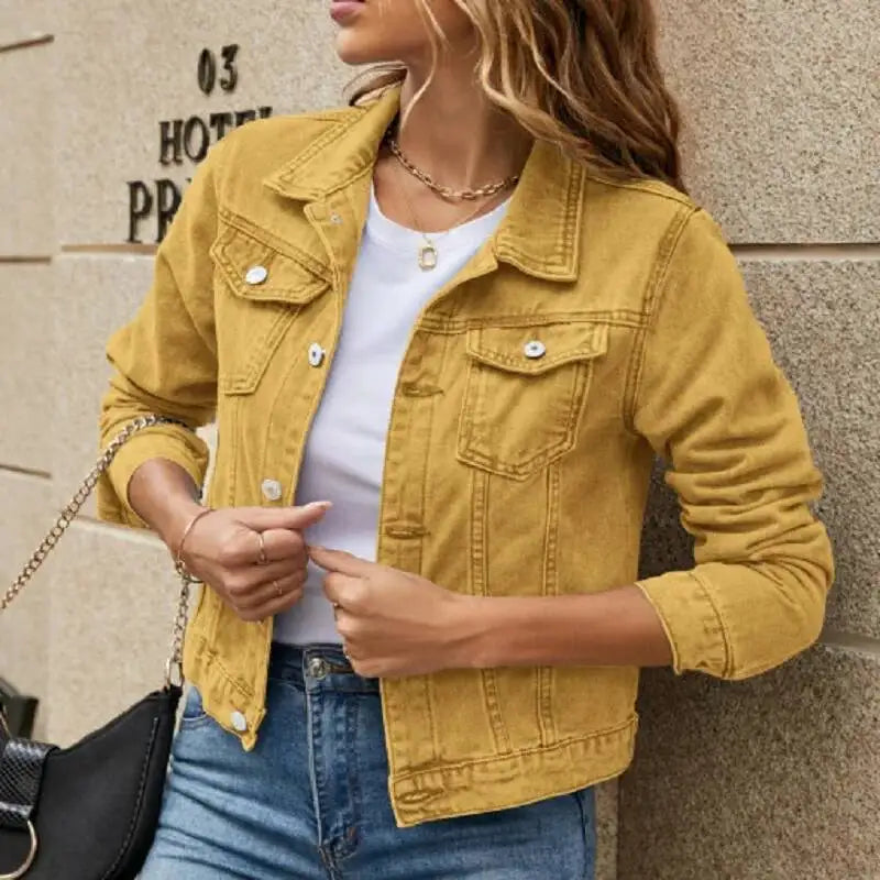 Denim Jacket For Women 2025 Solid Color Black Blue Yellow Pink Red Casual Long Sleeve Button Down Chest Pocket Jean Jacket Lady