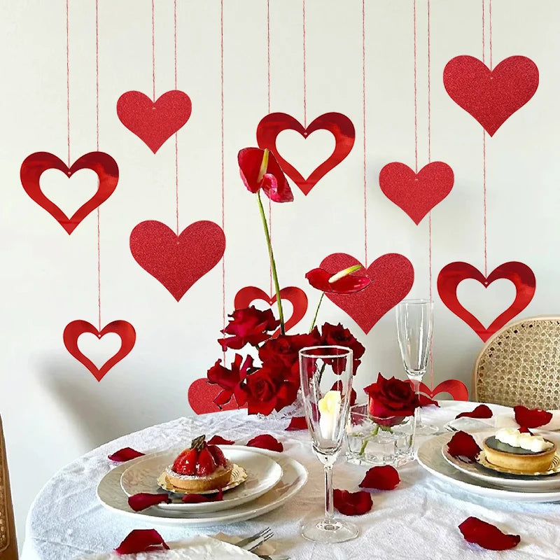1set Valentine's Day Gift Hanging Banner Garland Red Love Heart Spiral Bunting For Wedding Birthday Bachelorette Party DIY Decor