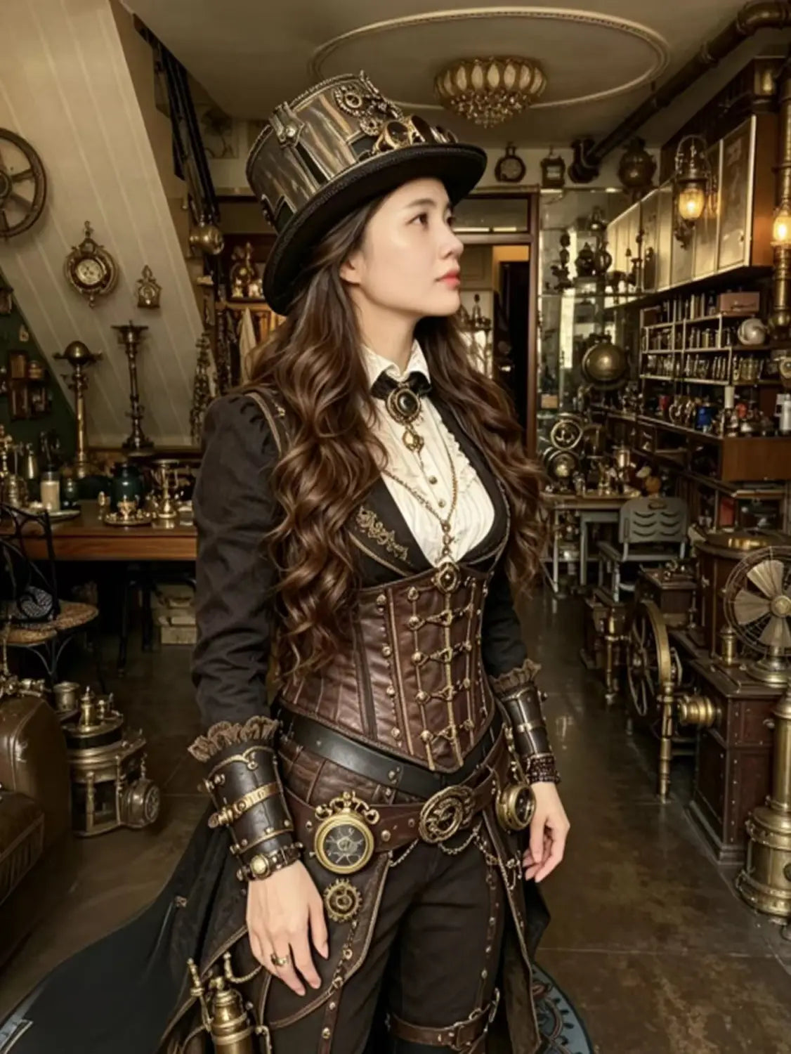 Steampunk top hat with goggles and gears featuring a black and brass corset with intricate gear detailing.