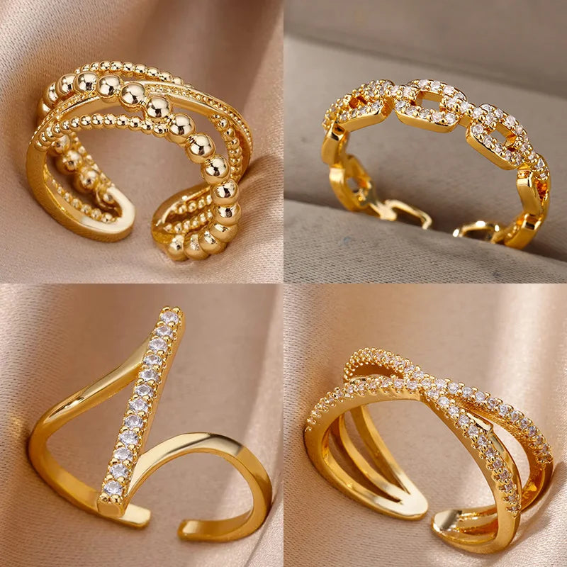 Zircon Geometric Rings For Women Gold Color Stainless Steel Opening Ring Luxury Wedding Party Aesthetic Jewerly Gift Femme 2024